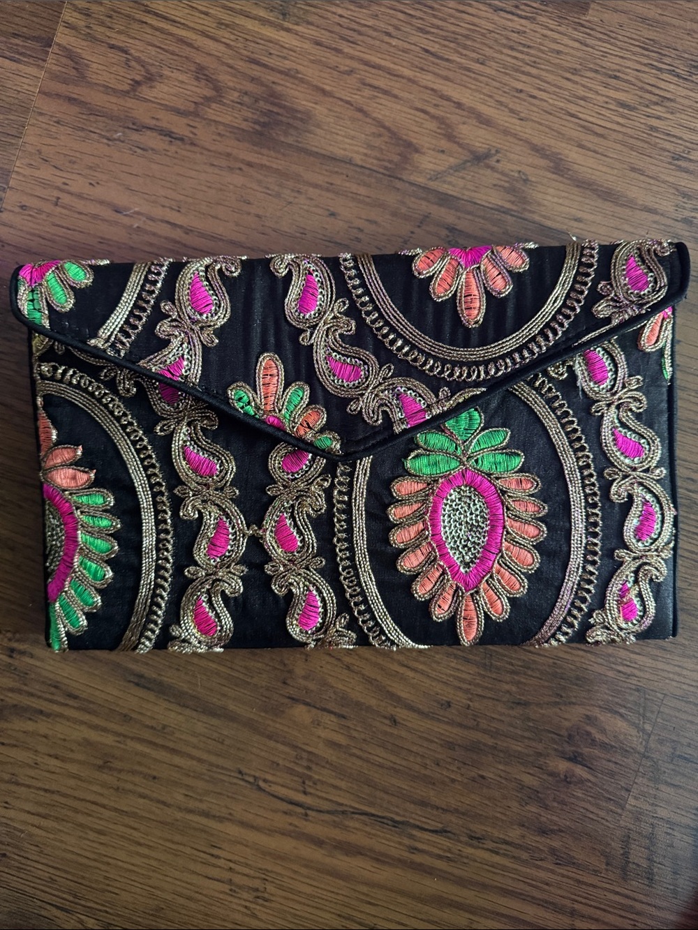 Embroidered Black Clutch with Pink & Green Accents 38.B1